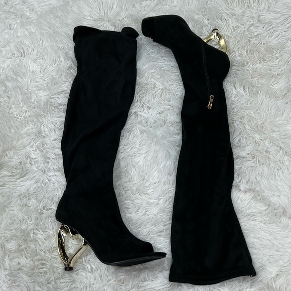 YOKI Over The Knee Stretch Peep Toe Boots Heart Shaped Heel Zip Up Black Size 7 - Picture 6 of 15